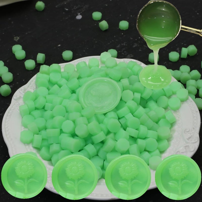 Atopbb Lumin Green 300 Pcs Wax Seal Beads, Sealing Wax Beads, Refilling Octagon Wax Sealing Beads for Wax Stamp Sealing, Perfect for Wedding Invitations, Christmas Cards, Envelopes (Lumin Green) - Image 1